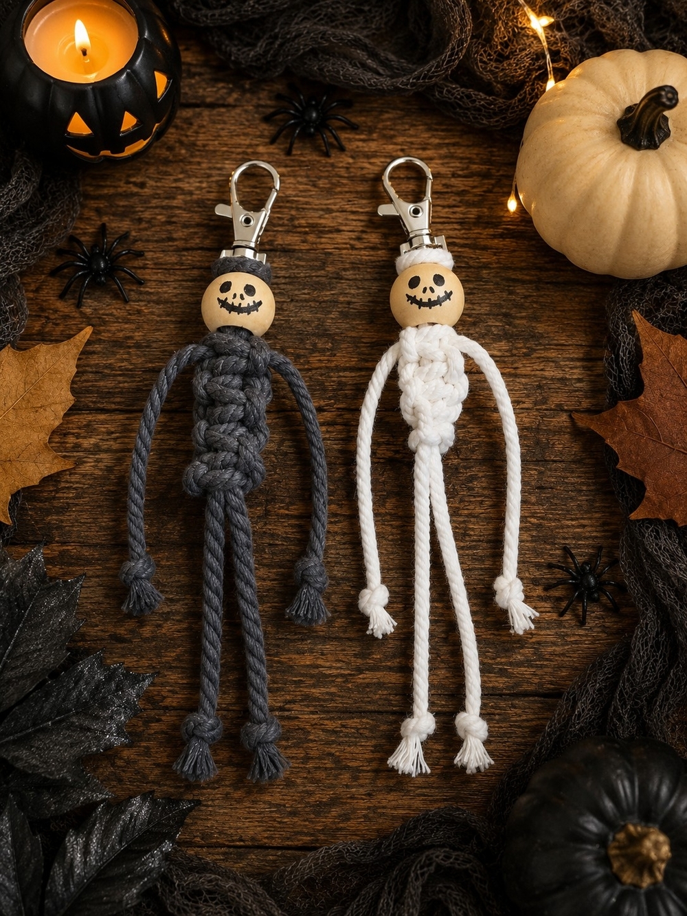 Handmade Halloween Macrame Keychain Set - Gray & White
